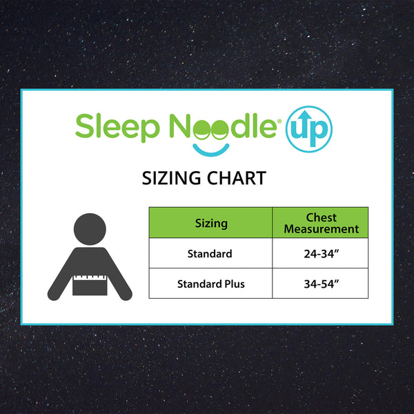 Sleep Noodle sizing chart on a dark background