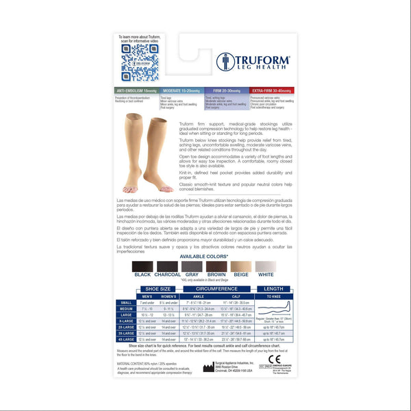 Truform Classic Medical Below Knee Open-Toe Compression Socks - 30-40mmhg